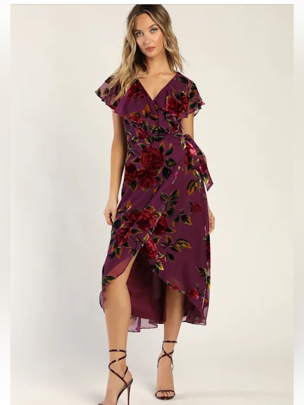Lulus Floral passions plum purple floral velvet wrap midi dress